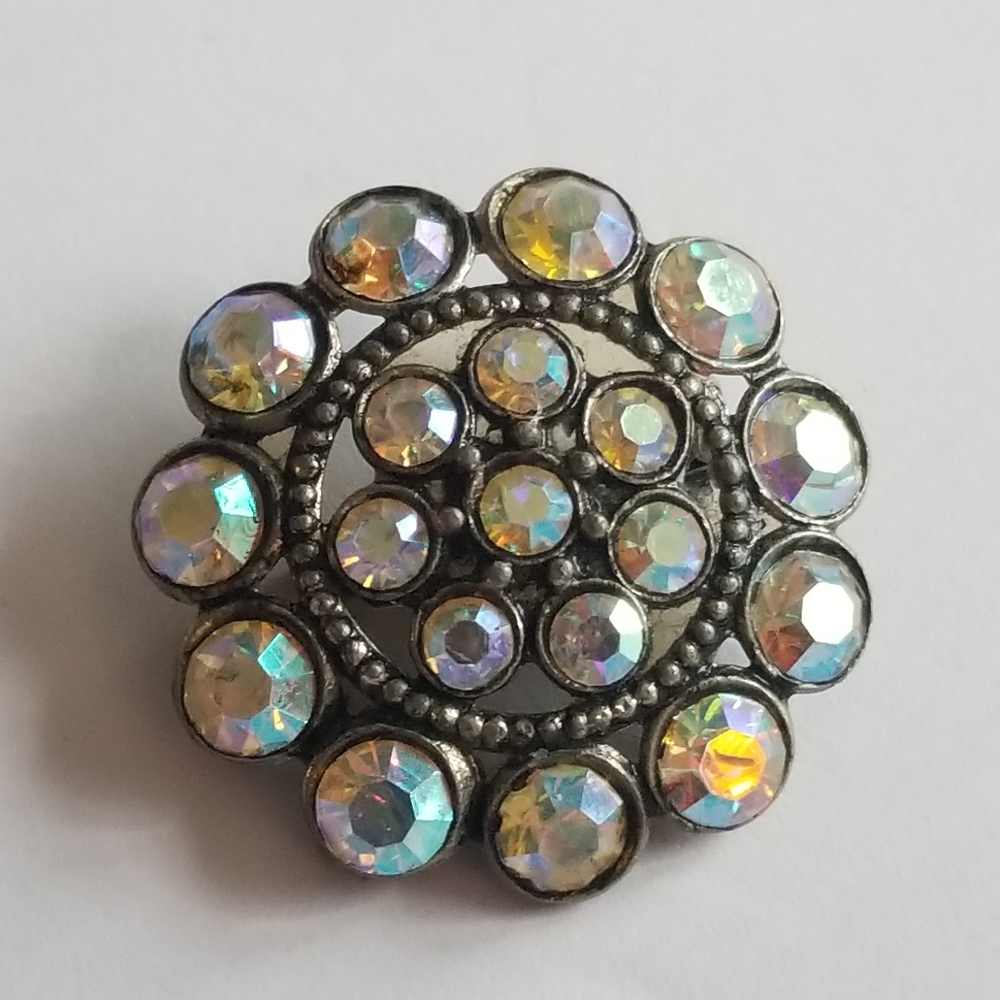 Vintage aurora borealis rhinestone circle brooch pin gold tone smoky AB - Picture 5 of 8